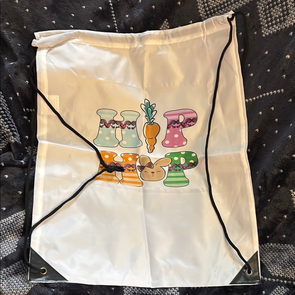 White Drawstring Bag with Colorful 'HOP' Design